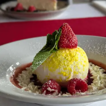 Lemon sorbet with strawberry, mint and raspberries