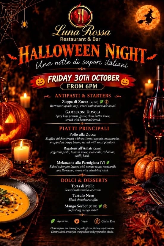 Luna Rossa Halloween Night poster — Friday 30th October from 6pm, with the three-course Italian Halloween menu